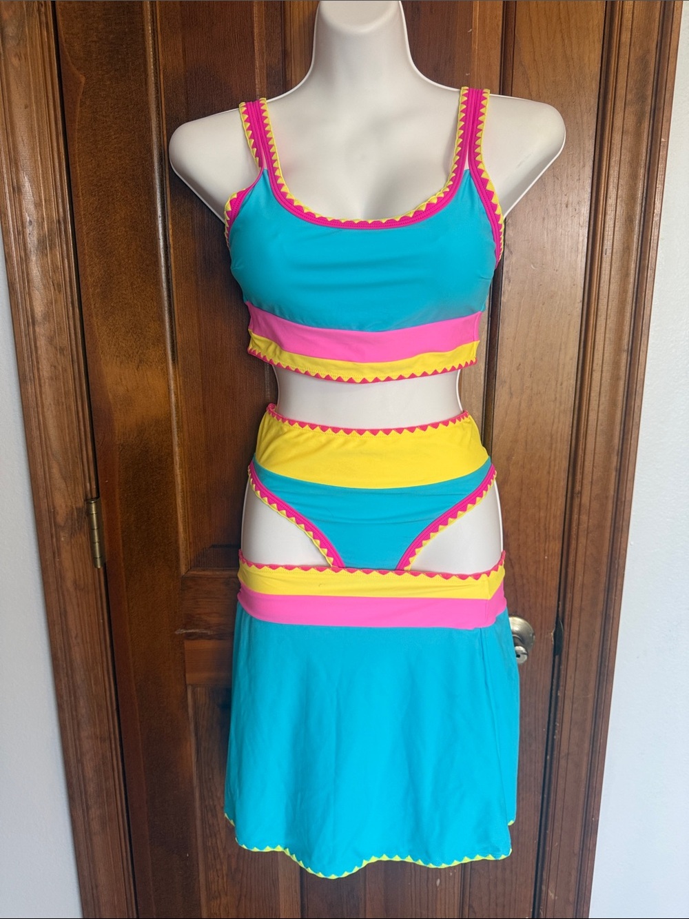 Turquoise, Pink & Yellow Three-Piece Bikini Set with Skirt